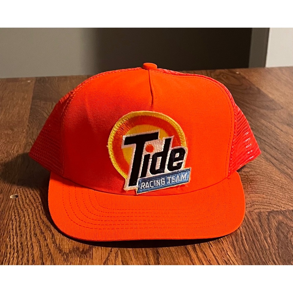 Vintage Tide Racing Team Trucker Hat Neon Orange Mesh Snapback Made in USA Cap